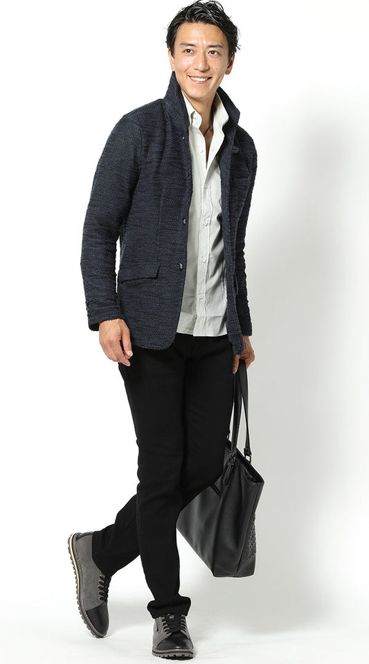 紺×黒ジャケット　ライトグレーシャツ　黒パンツ　snp_hp0937