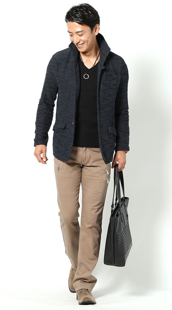 紺×黒ジャケット 黒ニット ベージュパンツ snp_hp0227のコーディネート