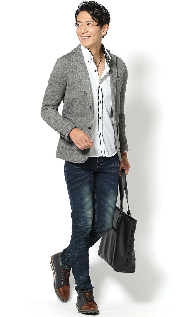 K&H ジャケット デニム グレー インディゴデニムジャケット 黒Tシャツ グレーパンツ snp_iw0602