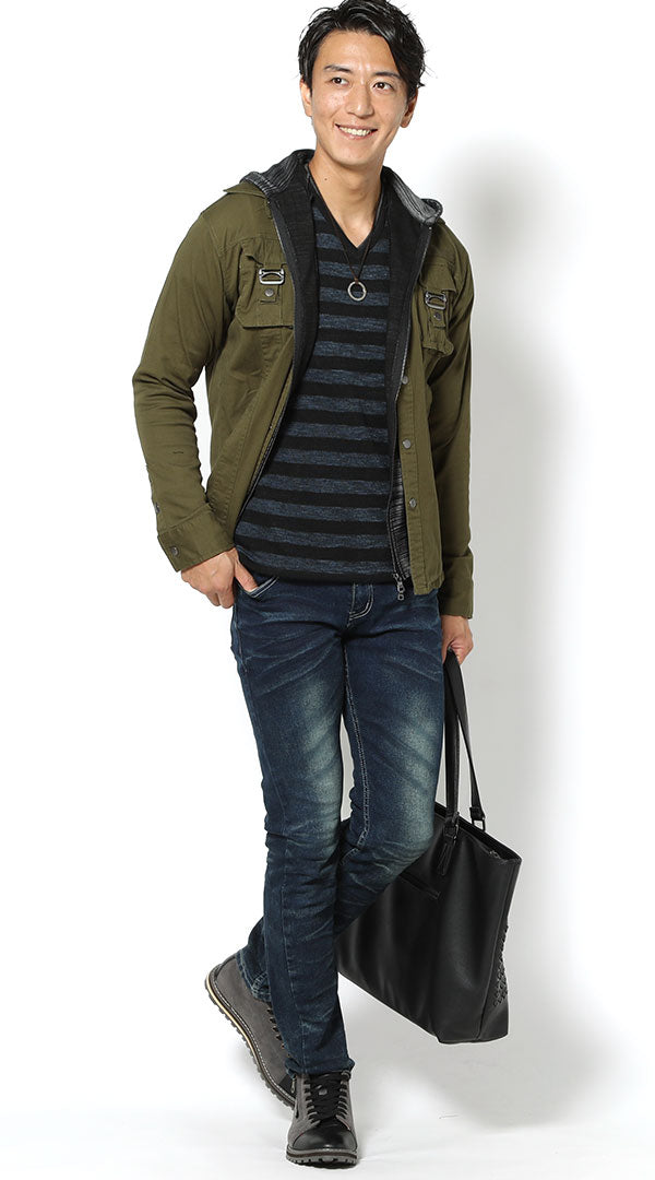 カーキシャツパーカー 紺Tシャツ ダークブルーデニムパンツ snp_hq0678