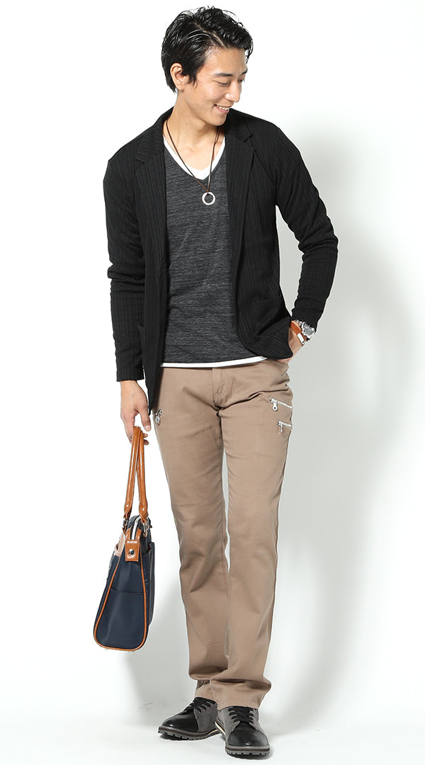黒ジャケット 黒Tシャツ ベージュパンツ snp_hv1380のコーディネート例