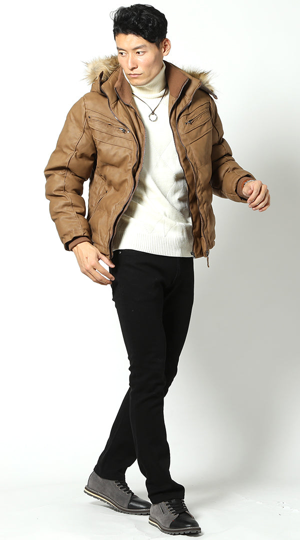 キャメルジャケット 白タートルネックニット 黒パンツ snp_if1648の