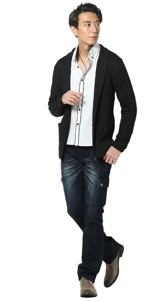 黒テーラードジャケット　白長袖シャツ　デニムカーゴパンツ　snp_io1464
