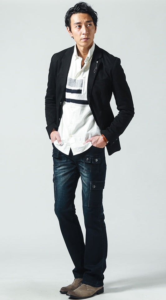 黒テーラードジャケット　白シャツ　デニムカーゴパンツ　snp_iw2113