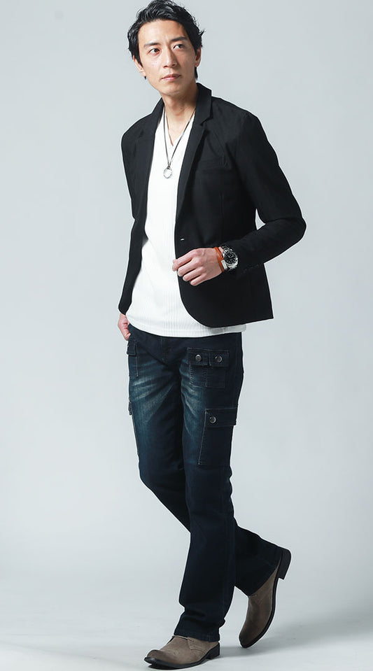 黒テーラードジャケット　白Tシャツ　デニムカーゴパンツ　snp_ix1691