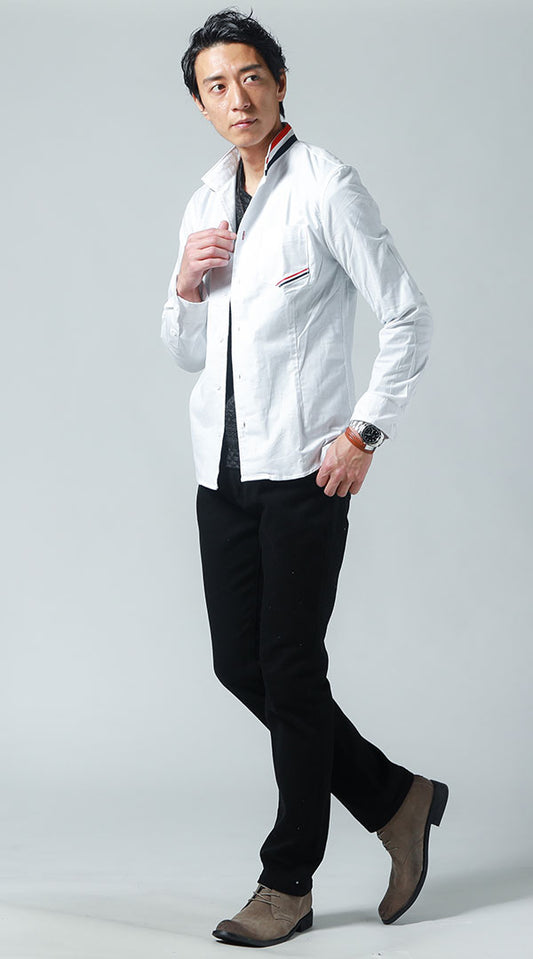 白長袖シャツ　デニムカーゴパンツ　ベージュチャッカブーツ　snp_ix0282
