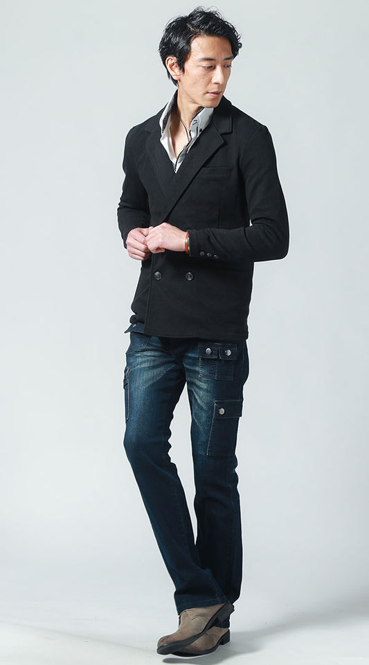 黒テーラードジャケット　白長袖シャツ　デニムカーゴパンツ　snp_ix1950