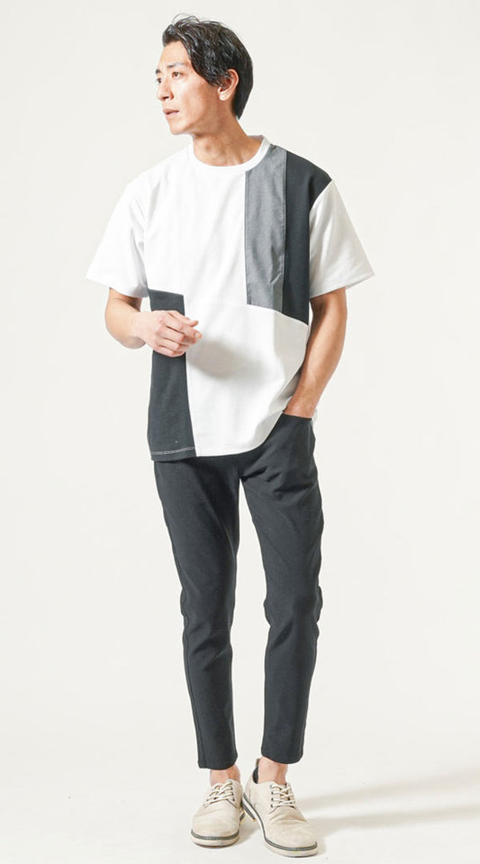 白クルーネック半袖Tシャツ　黒テーパードパンツ　グレーシューズ　snp_oq1005