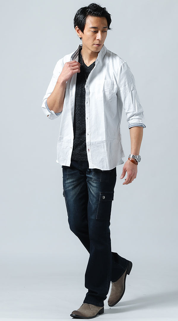 白綿麻ストレッチシャツ　黒ジャガードTシャツ　デニムカーゴパンツ　snp_jd1465