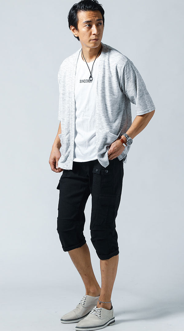 白カーディガン　白Tシャツ　黒パンツ　snp_jg1387