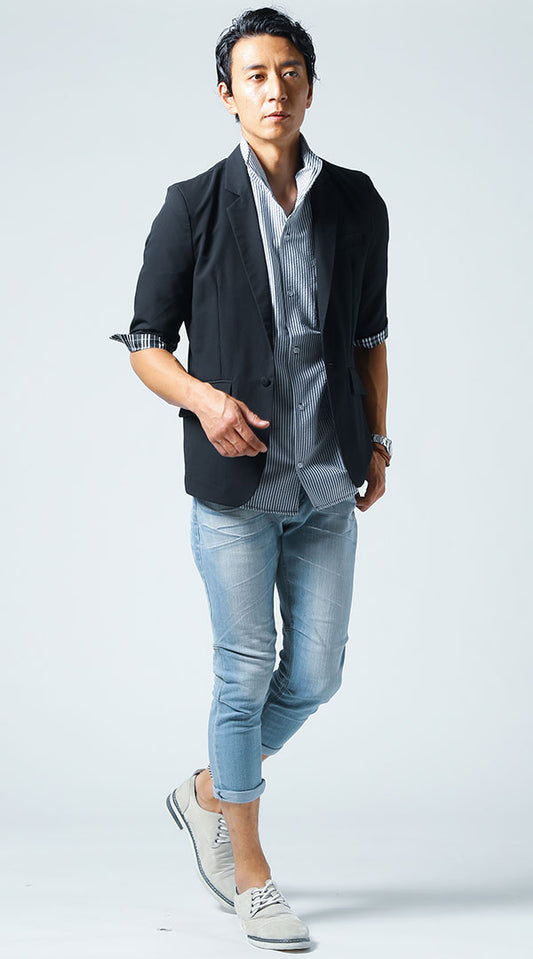 黒ジャケット　ホワイト×ネイビーシャツ　ブルーデニムパンツ　snp_jv1302