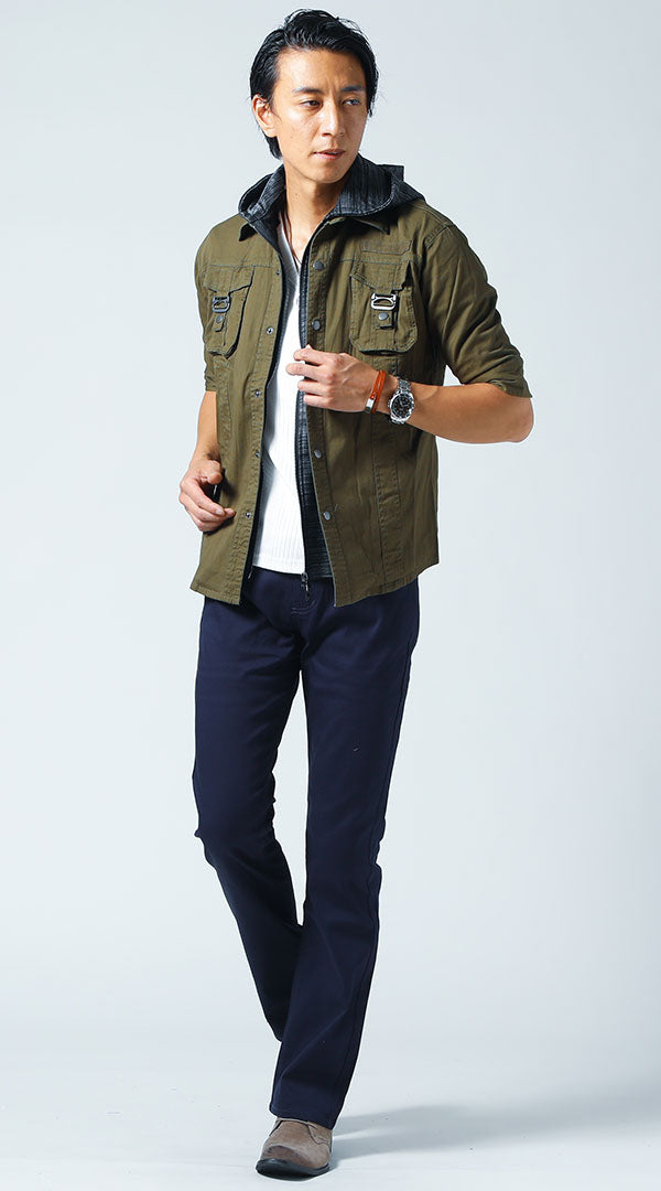 カーキシャツパーカー 白Tシャツ ネイビーパンツ snp_ju1787の