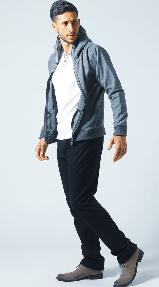 【がっちり体型】杢チャコールパーカー　白Tシャツ　黒パンツ　snp_ke0150