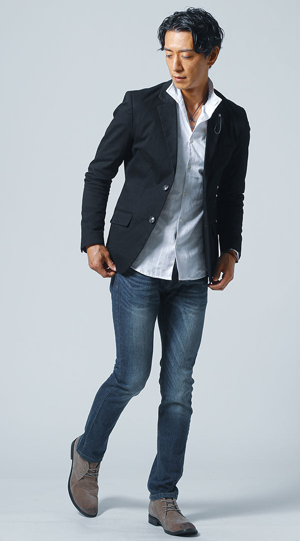 黒テーラードジャケット 白長袖シャツ ネイビーデニムパンツ snp_kf1007 ｜ メンズファッション通販 MENZ-STYLE(メンズスタイル）