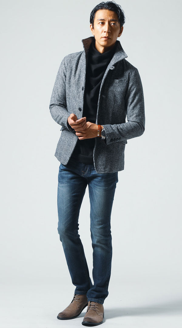 グレンチェックジャケット　黒ニット　ネイビーデニムパンツ　メンズ コーデ 40代 50代 男性 冬 に合う おすすめ 着こなし おしゃれ かっこいい 人気