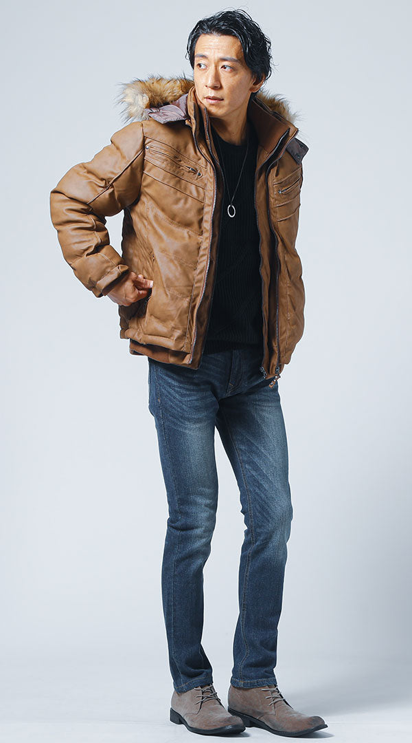 キャメルレザージャケット 黒ニット ネイビーデニムパンツ snp_kn0228