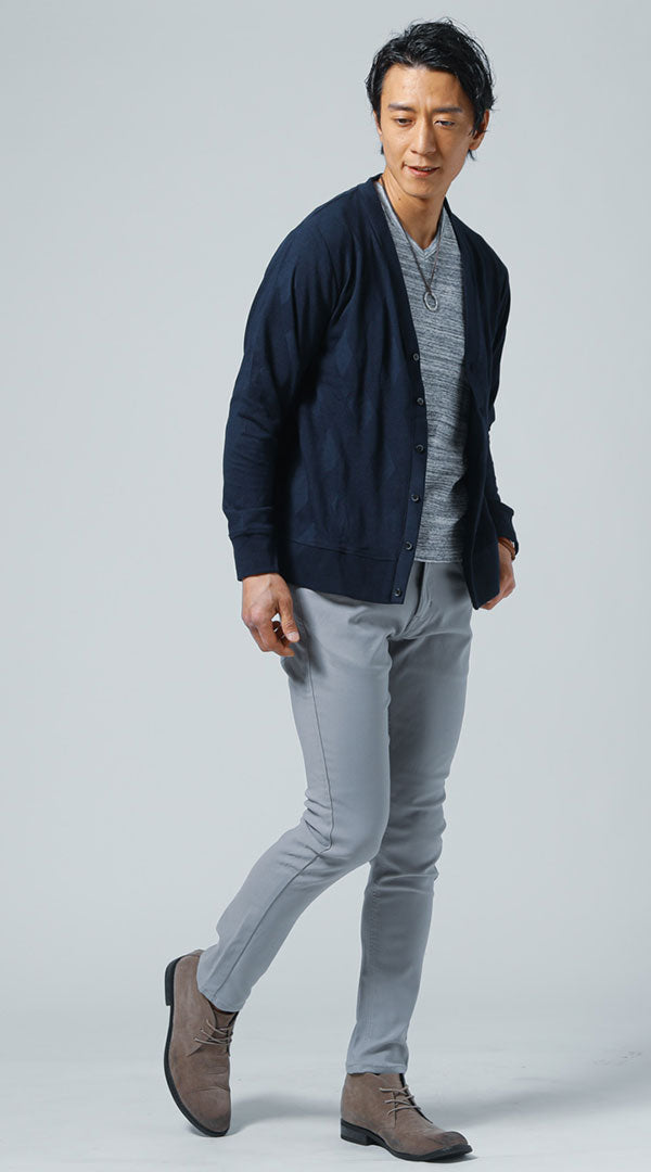 ネイビーカーディガン ブルーTシャツ グレーパンツ snp_lg0045の