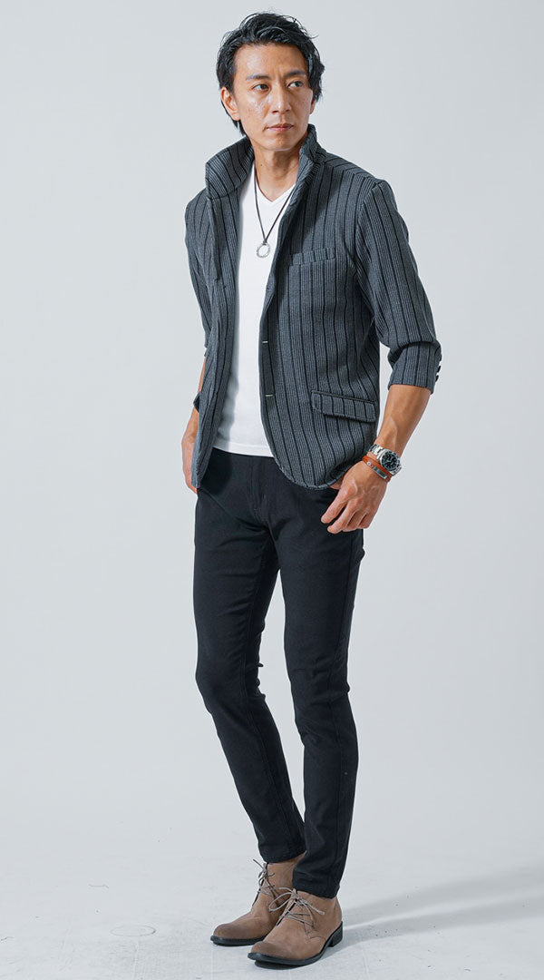 グレー黒7分袖ジャケット　白VネックTシャツ　黒テーパードパンツ　snp_lx0885
