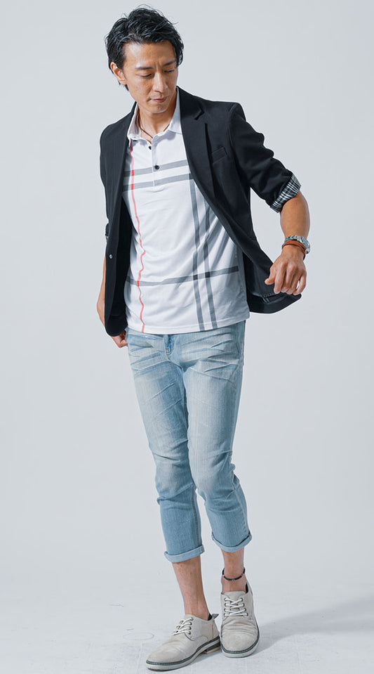 黒５分袖ジャケット　白ポロシャツ　ブルークロップドデニムパンツ　snp_lx0360