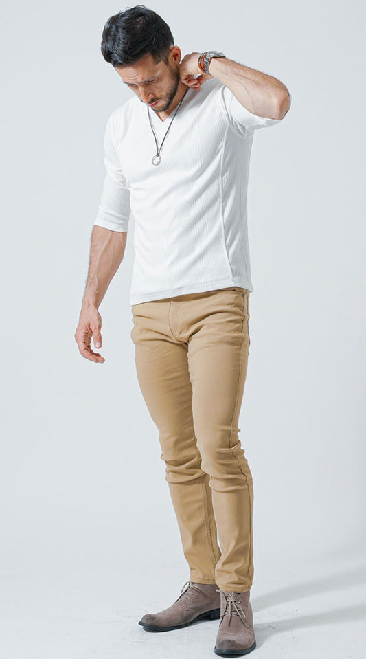 【がっちり体型】白Tシャツ　ベージュパンツ　snp_lw0636
