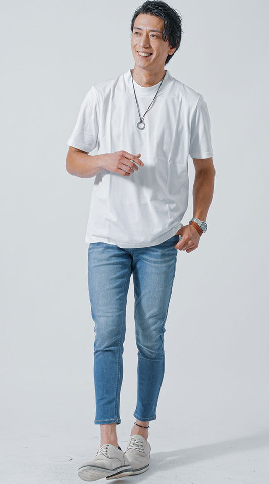 白Tシャツ　ブルークロップドデニムパンツ　snp_lx1775