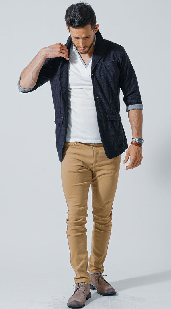 【がっちり体型】ネイビージャケット コーデ メンズ 50代 40代 春 夏 カジュアル 白ポロシャツ　ベージュパンツ　snp_lw1456