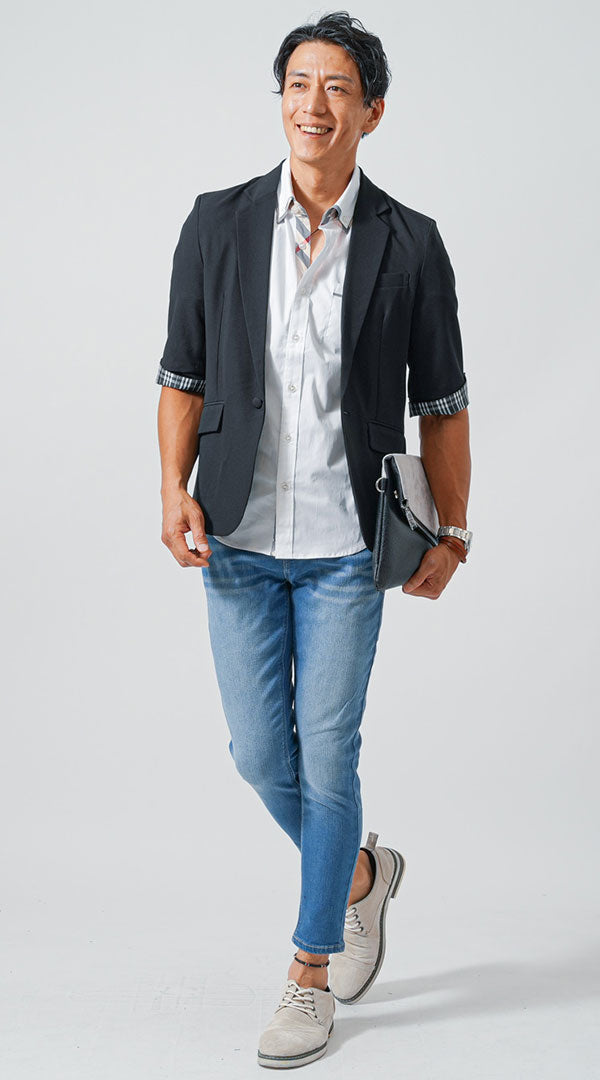 黒５分袖ジャケット コーデ メンズ 40代 50代 30代 春 夏 カジュアル 半袖2枚襟シャツ　ブルーデニムパンツ　snp_mb1336