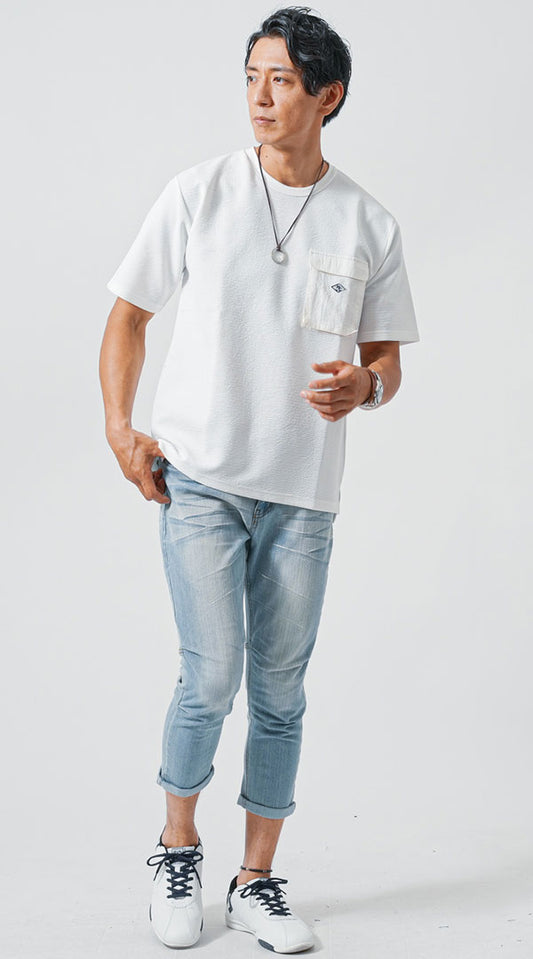 白Tシャツ　ブルークロップドデニムパンツ　snp_md1746