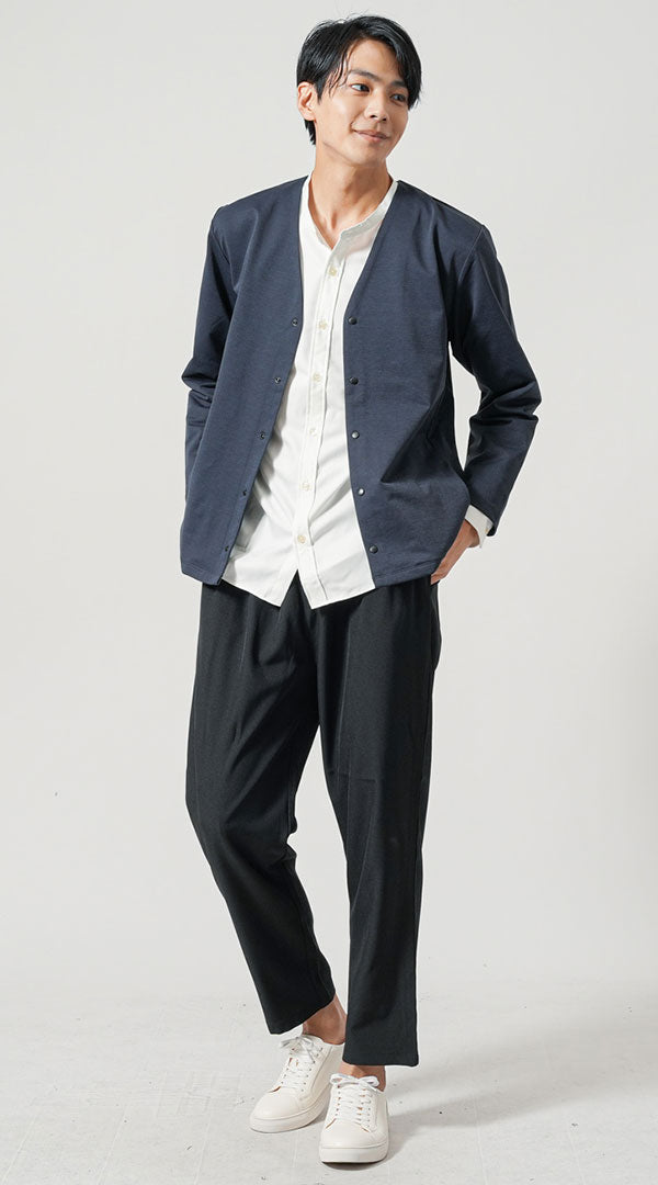 【20代】ネイビージャケット コーデ メンズ 30代 40代 春 秋 カジュアル 白シャツ　黒パンツ　snp_mp0165