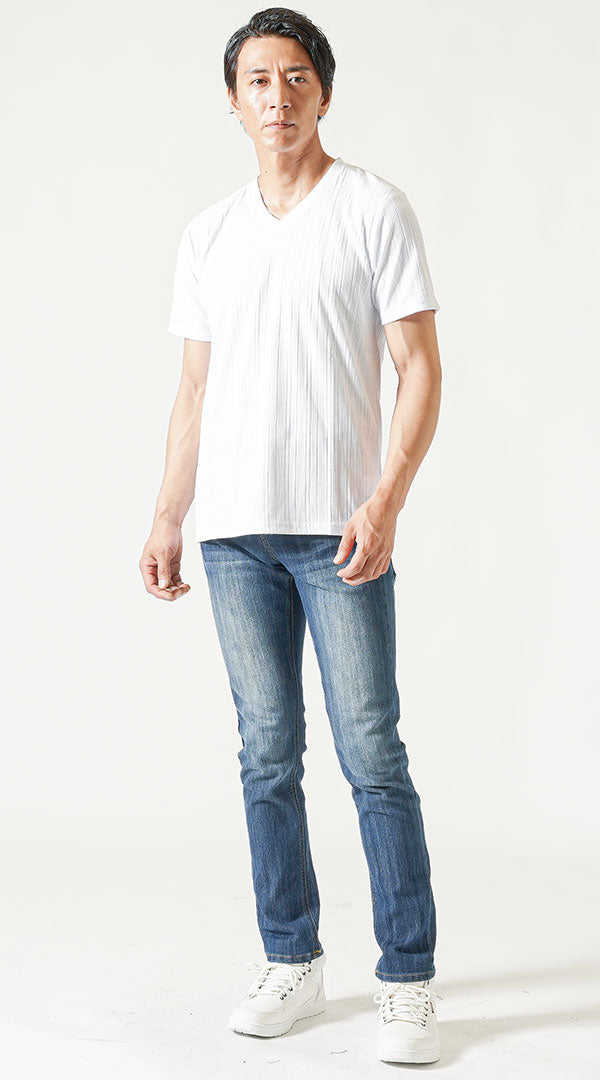 白Tシャツ インディゴデニムパンツ 白スニーカー snp_nv0778の