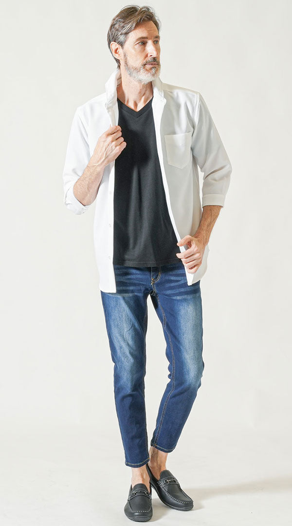 【60代】白シャツ　黒半袖VネックTシャツ　インディゴデニムパンツ　snp_nw0104