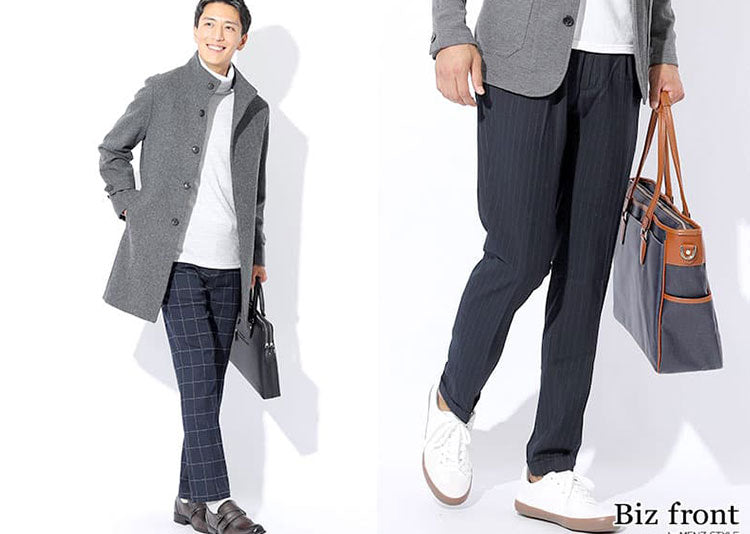 メンズネイビースラックスのビジネスからカジュアルまでまとまるコーデ