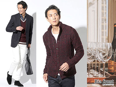メンズワインレッドニット 30代40代50代大人の色ボルドーのセーターコーデをださくみせないコツ