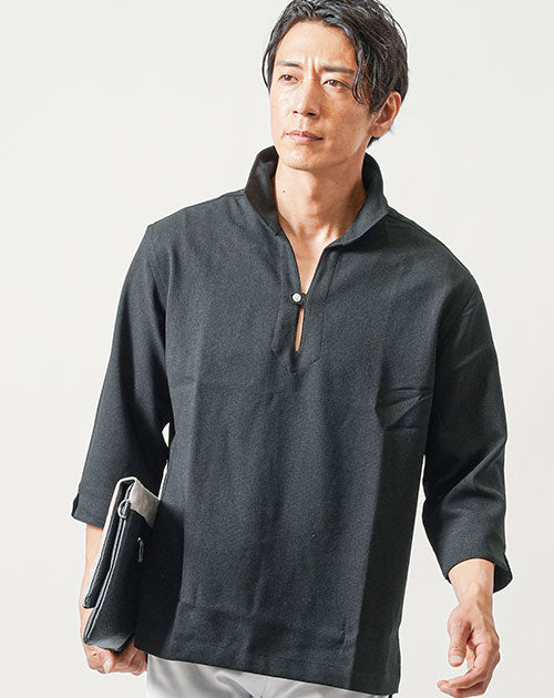 接触冷感パナマ織り7分袖ホリゾンタルカラーシャツ