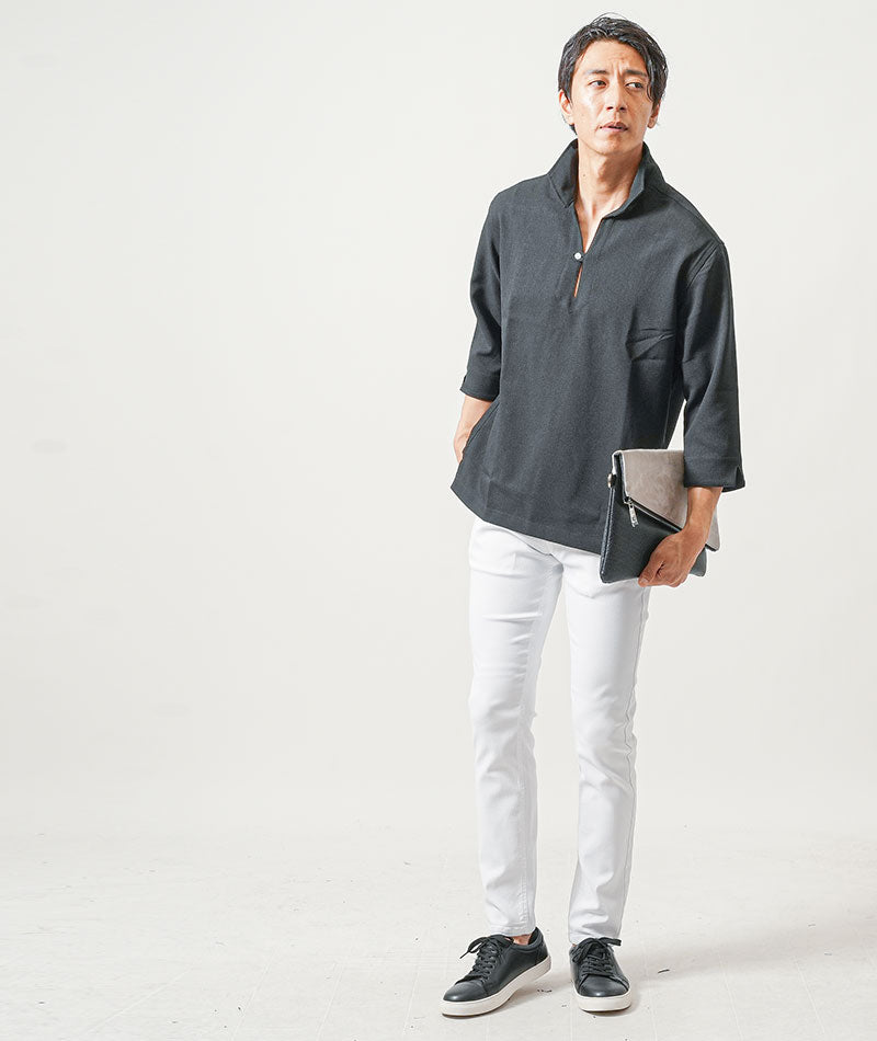 【服選びに迷わない全身コーディネートセット】ちょいワル・イケオジメンズ2点コーデセット　黒7分袖カプリシャツ×白スリムチノパンツ