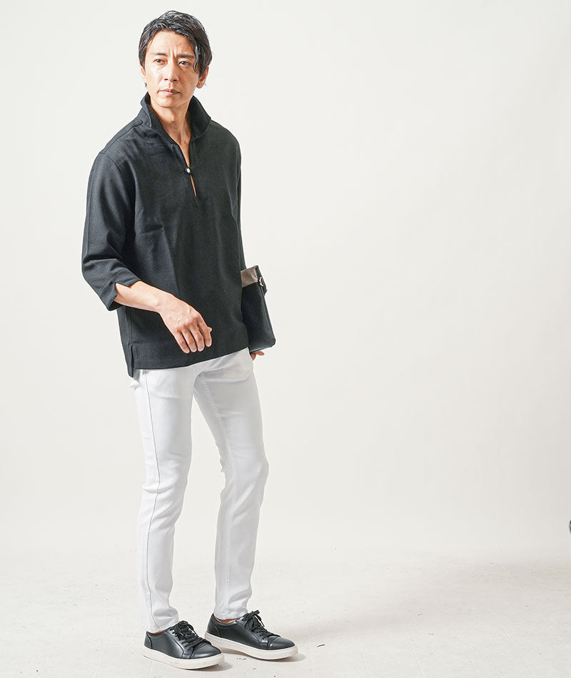 【服選びに迷わない全身コーディネートセット】ちょいワル・イケオジメンズ2点コーデセット　黒7分袖カプリシャツ×白スリムチノパンツ