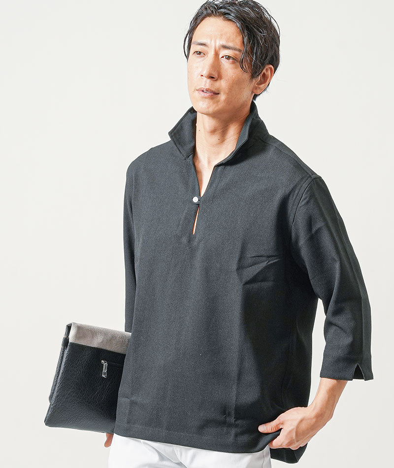 【服選びに迷わない全身コーディネートセット】ちょいワル・イケオジメンズ2点コーデセット　黒7分袖カプリシャツ×白スリムチノパンツ