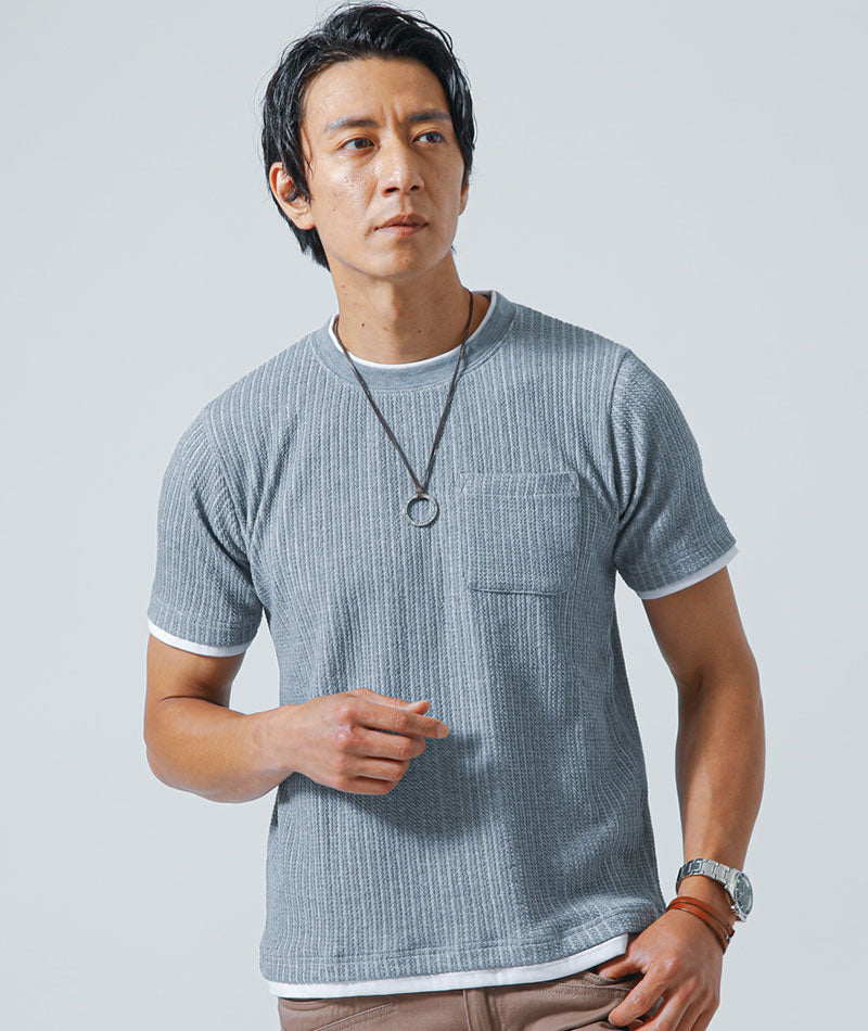 ケーブル編みフェイクレイヤードクルーネック半袖Tシャツ