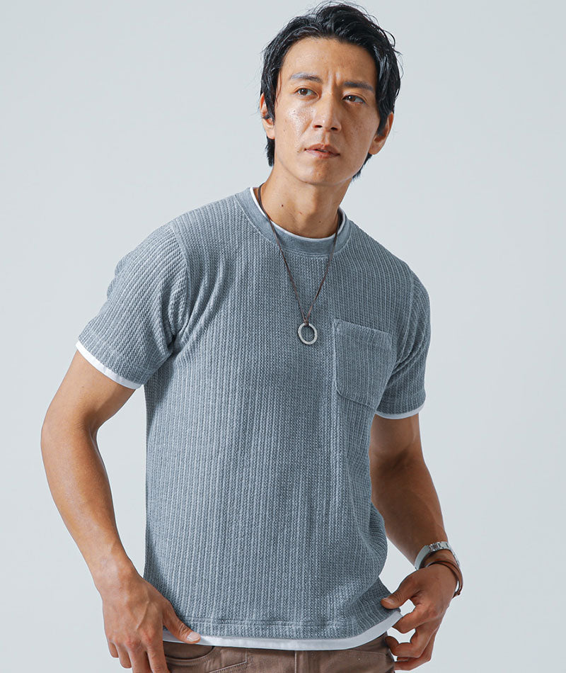 ケーブル編みフェイクレイヤードクルーネック半袖Tシャツ