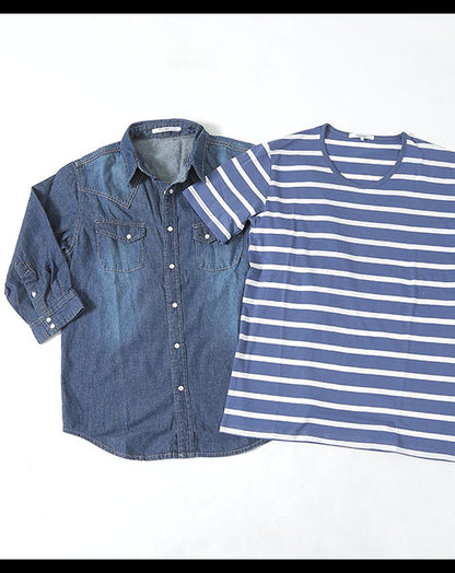 ウエスタンデザイン７分袖デニムシャツ×Uネックボーダー半袖カットソー　２点セット