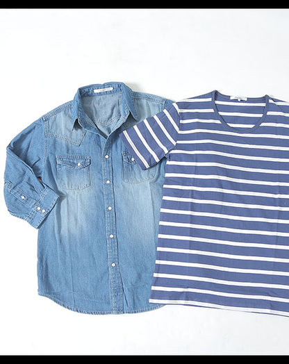 ウエスタンデザイン７分袖デニムシャツ×Uネックボーダー半袖カットソー　２点セット