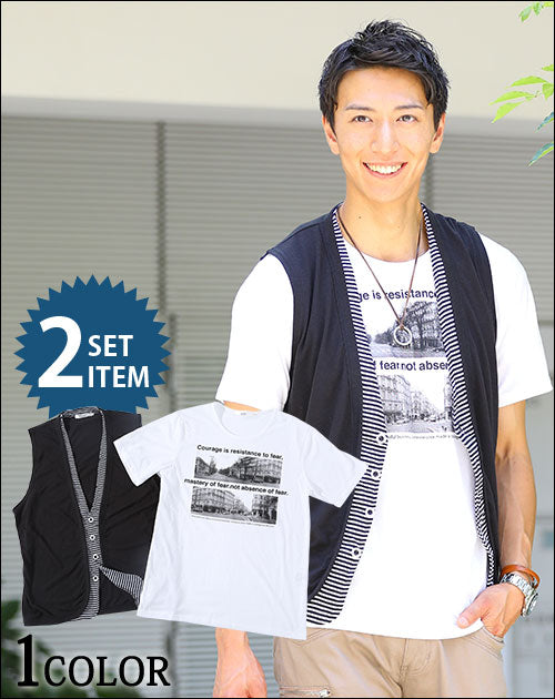 フェイクレイヤードカットジレ×Ｕネック半袖カットソー　２点セット