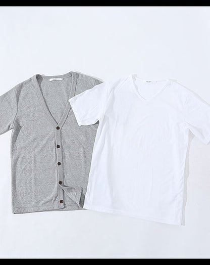 ジャガード織り半袖カーディガン×Ⅴネック無地カットソー　２点セット