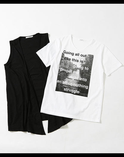 ジャガード織りジレ×プリントデザインＶネック半袖カットソー　２点セット