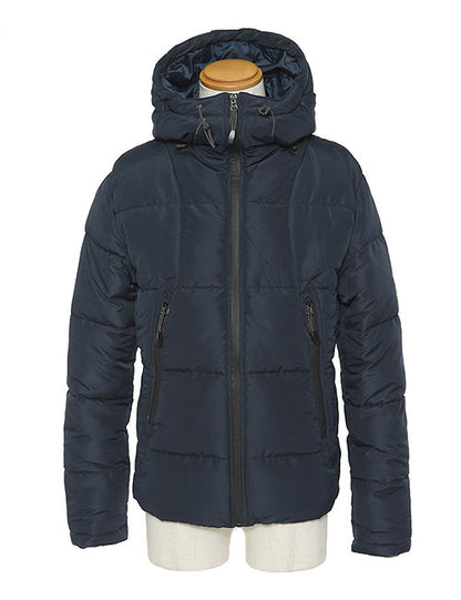 ジップデザインボリュームネックフード中綿ダウンジャケット