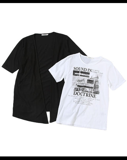 ジャガードデザイン５分袖コーディガン×プリントカットソー　２点セット