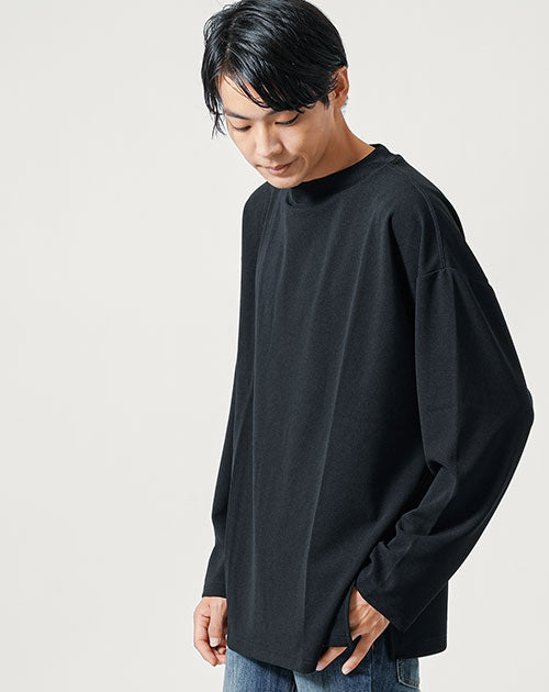 30代向け/オーバーサイズカットジョーゼット長袖モックネッククルーネックTシャツ