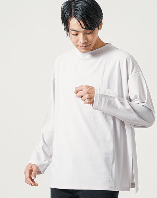 30代向け/オーバーサイズカットジョーゼット長袖モックネッククルーネックTシャツ