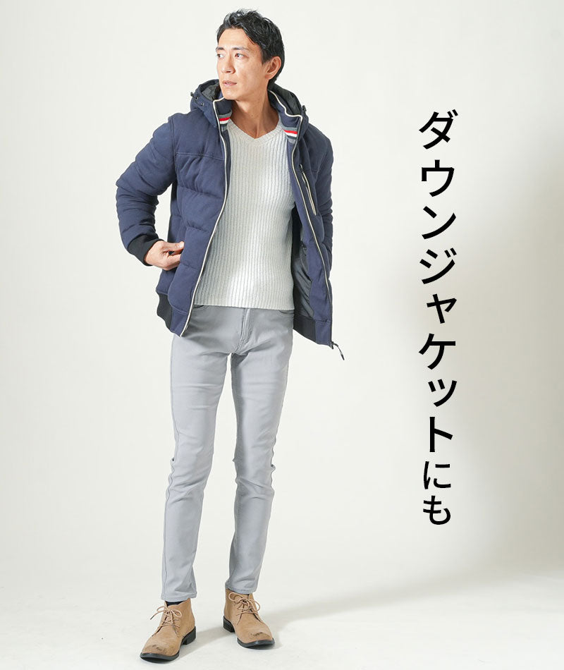 二重臼リブ編みストレッチVネックニットTシャツ