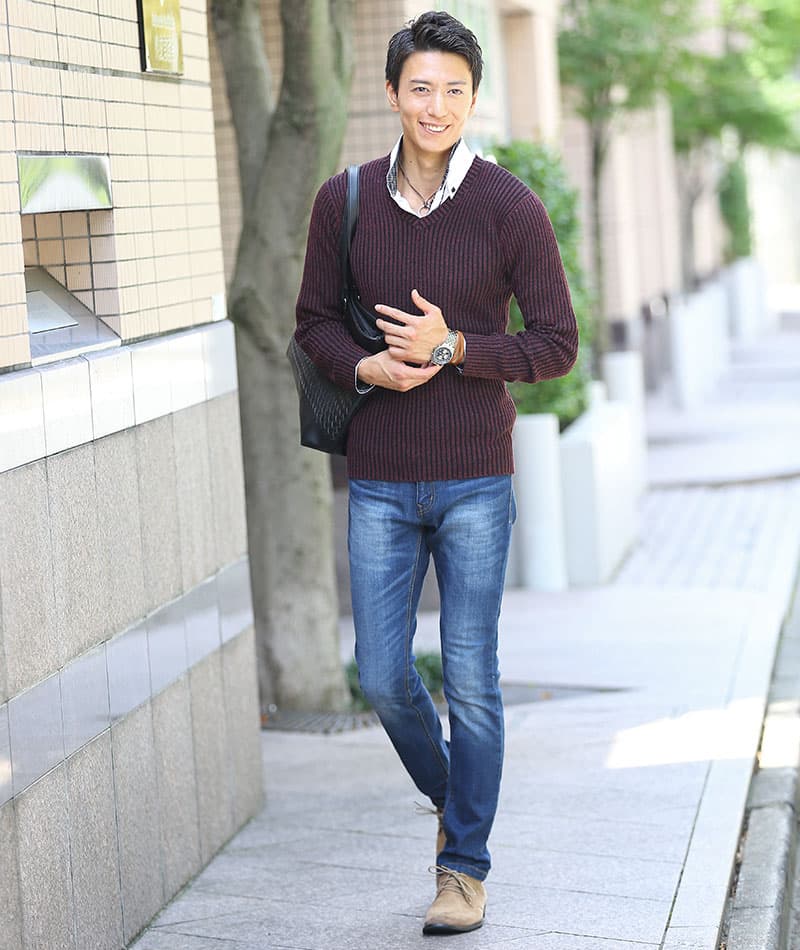 二重臼リブ編みストレッチVネックニットTシャツ